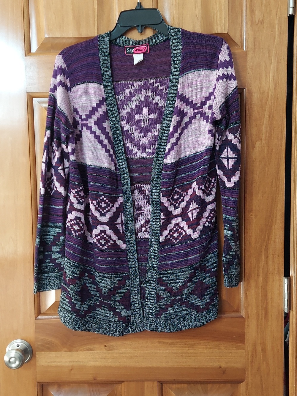 - Say What? Purple Southwestern Geometric Open-Front Women's Cardigan Size Large